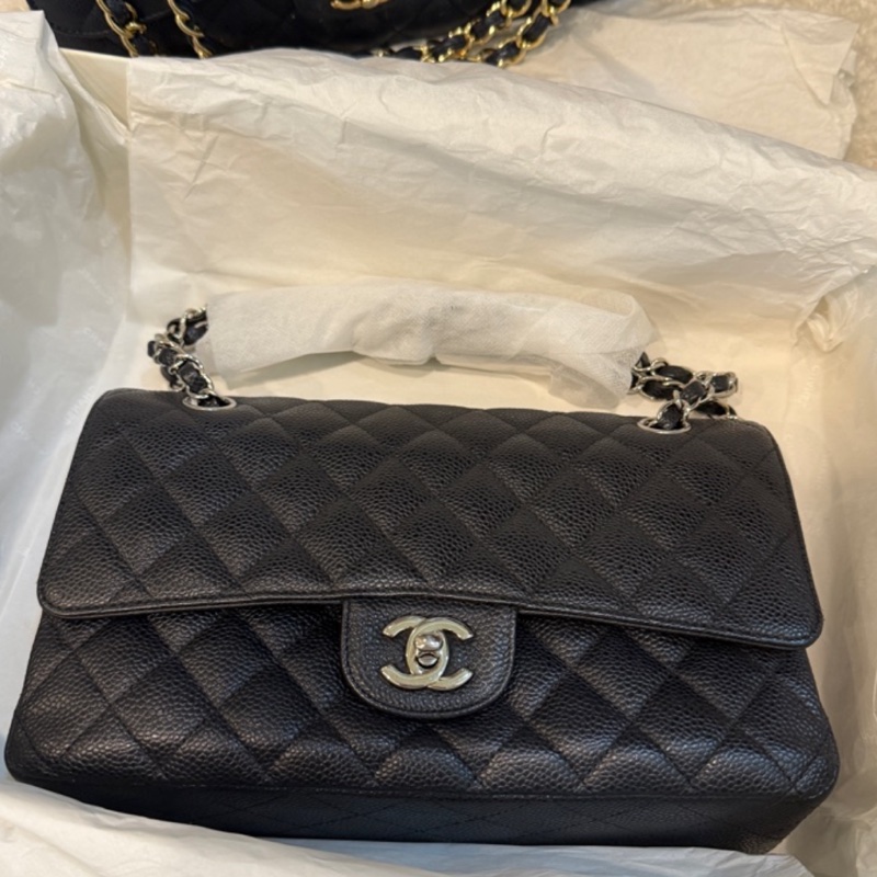 超少見黑色內裡🖤9新以上✨37萬閒置美品coco25🖤Chanel香奈兒CF25經典11.12口蓋包 黑銀荔枝牛皮-25