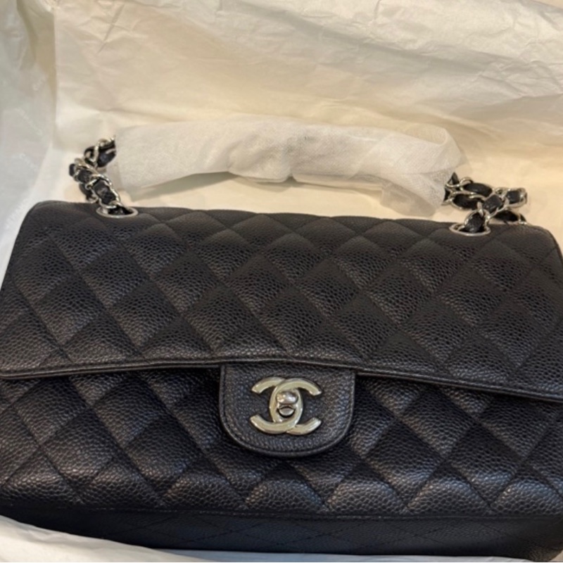 超少見黑色內裡🖤9新以上✨37萬閒置美品coco25🖤Chanel香奈兒CF25經典11.12口蓋包 黑銀荔枝牛皮-26