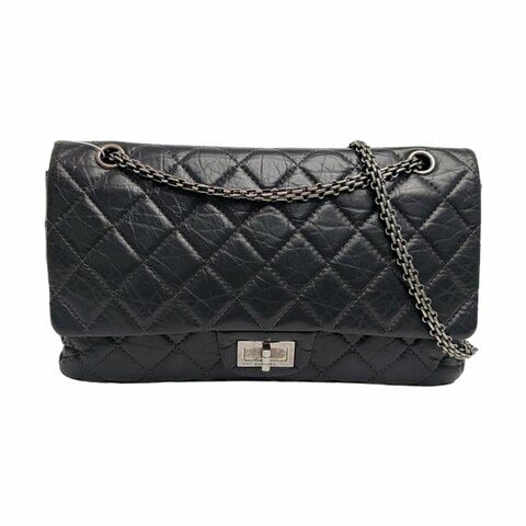 CHANEL 2.55  Maxi 超大號灰色牛皮菱格紋絎縫單肩包釕色五金16開