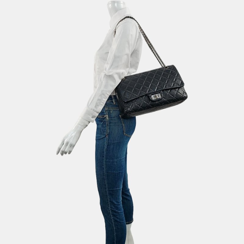 CHANEL 2.55  Maxi 超大號灰色牛皮菱格紋絎縫單肩包釕色五金16開-1