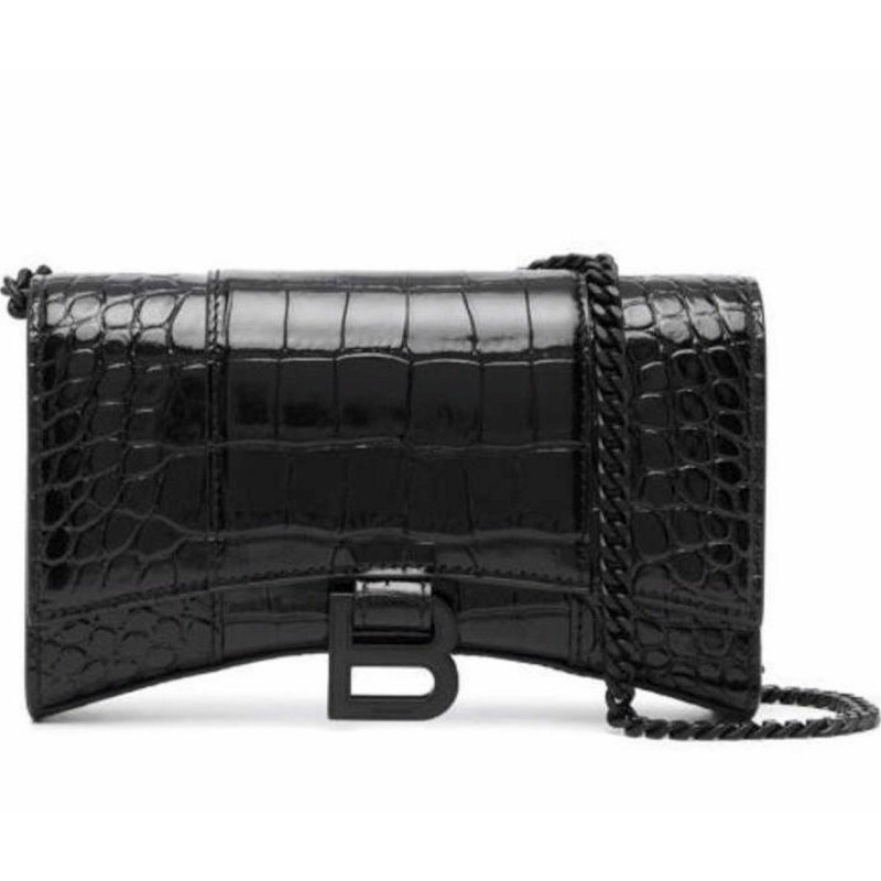 BALENCIAGA 鱷魚紋黑色鏈條沙漏錢包 656050 1LR67 1000-0