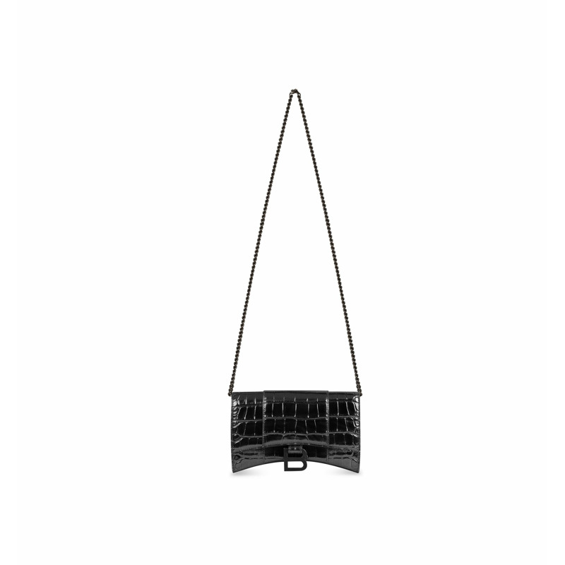 BALENCIAGA 鱷魚紋黑色鏈條沙漏錢包 656050 1LR67 1000-5