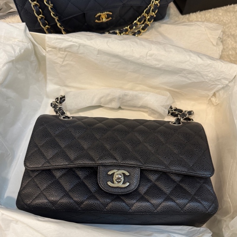 超少見黑色內裡🖤9新以上✨37萬閒置美品coco25🖤Chanel香奈兒CF25經典11.12口蓋包 黑銀荔枝牛皮 12-0