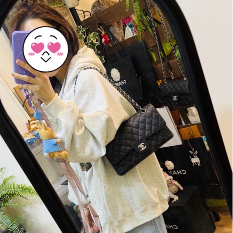 超少見黑色內裡🖤9新以上✨37萬閒置美品coco25🖤Chanel香奈兒CF25經典11.12口蓋包 黑銀荔枝牛皮 12-26