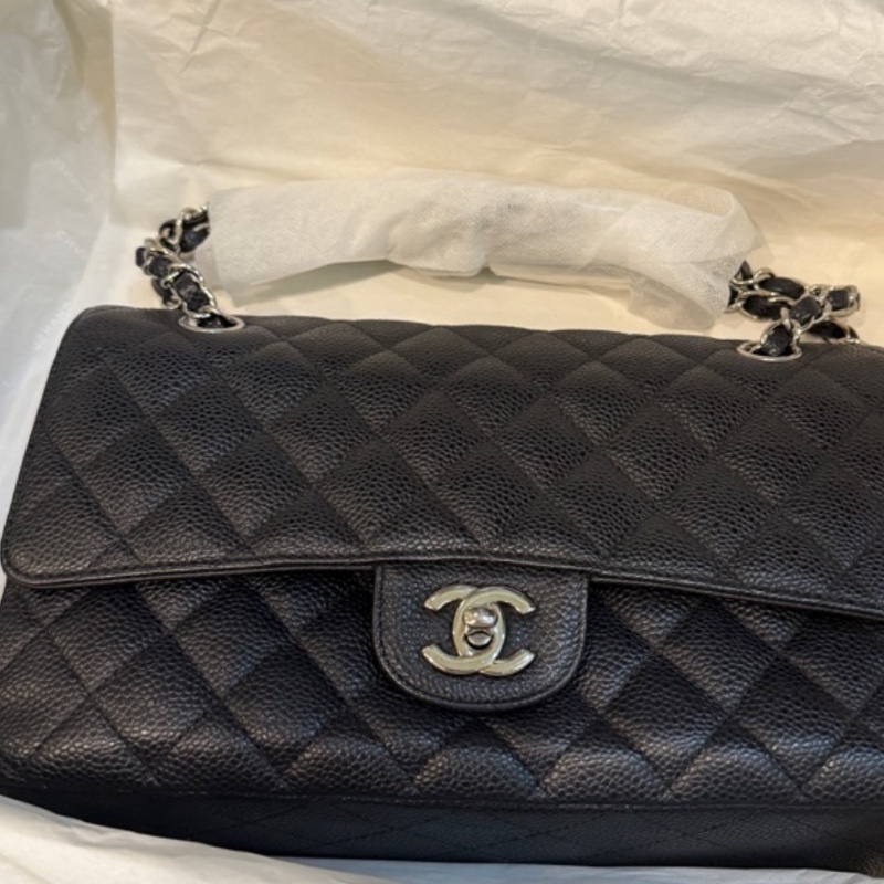 超少見黑色內裡🖤9新以上✨37萬閒置美品coco25🖤Chanel香奈兒CF25經典11.12口蓋包 黑銀荔枝牛皮 12-29