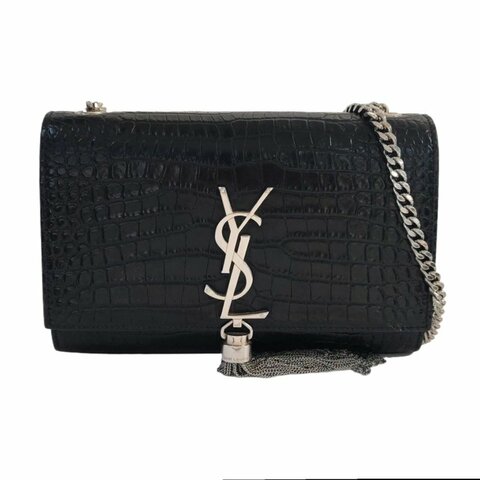YSL KATE小號黑色牛皮流蘇壓紋單肩包斜挎包銀色五金