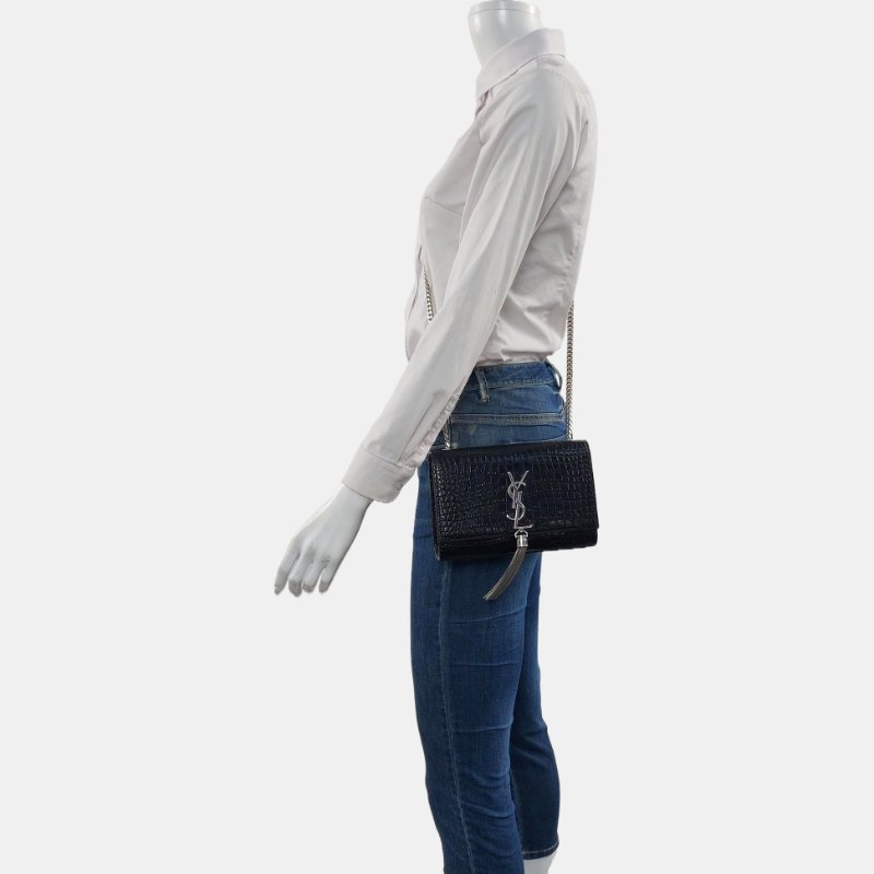 YSL KATE小號黑色牛皮流蘇壓紋單肩包斜挎包銀色五金-1