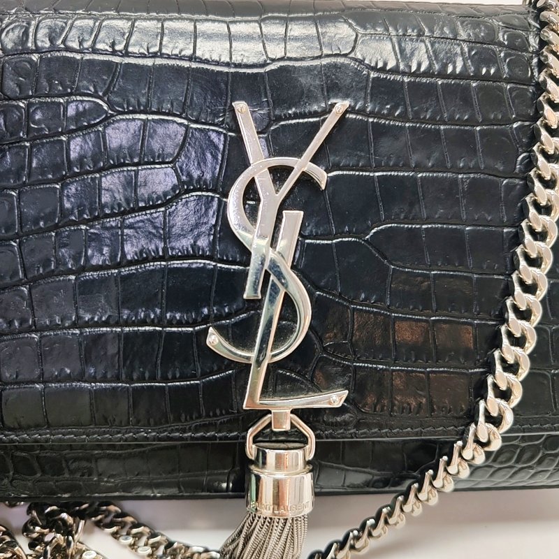 YSL KATE小號黑色牛皮流蘇壓紋單肩包斜挎包銀色五金-9