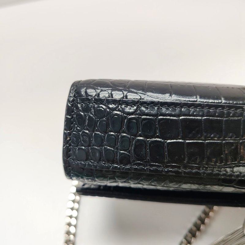 YSL KATE小號黑色牛皮流蘇壓紋單肩包斜挎包銀色五金-12