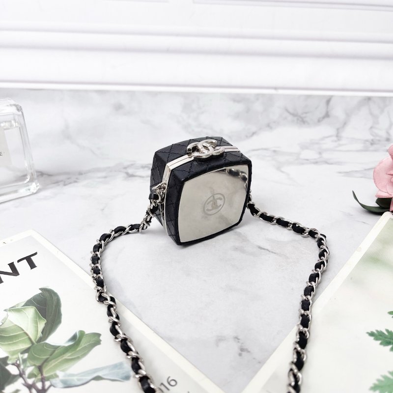 Chanel mini粉餅盒黑色鏡面小廢包鞋背包 5×5×3 98新配件塵袋盒子保卡-2