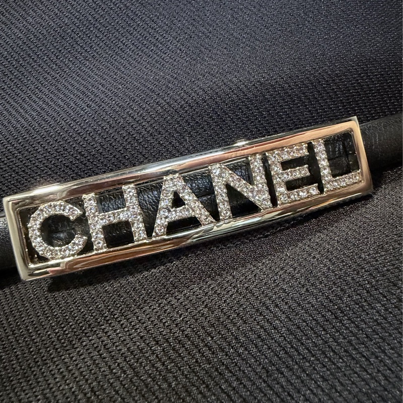 CHANEL 水鑽字母鏤空-黑銀皮帶.腰帶classic-8