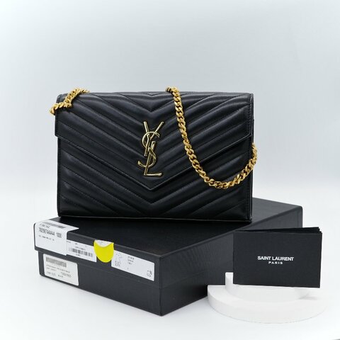 Saint Laurent 聖羅蘭 Cassandre  黑色 牛皮 金色 五金 鍊帶 皮夾 WOC