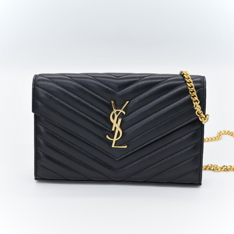Saint Laurent 聖羅蘭 Cassandre  黑色 牛皮 金色 五金 鍊帶 皮夾 WOC-1