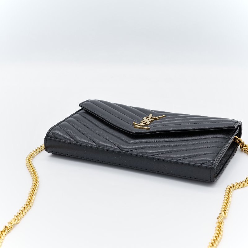 Saint Laurent 聖羅蘭 Cassandre  黑色 牛皮 金色 五金 鍊帶 皮夾 WOC-3