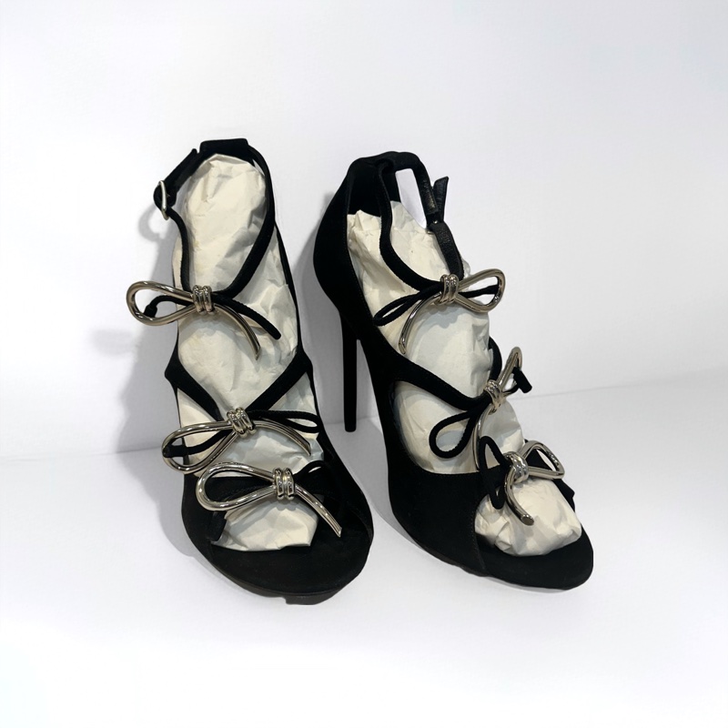 Balenciaga 銀色蝴蝶結黑絨面高跟涼鞋 EU37-1