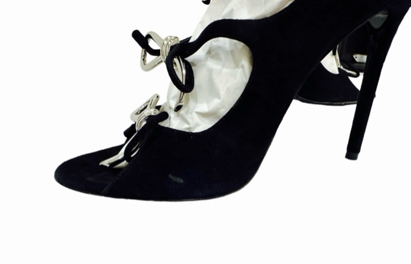 Balenciaga 銀色蝴蝶結黑絨面高跟涼鞋 EU37-6