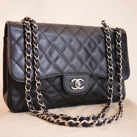 CHANEL 雙C經典口蓋包 CF30 JUMBO 黑銀荔枝皮 雙蓋 購於新光 付防塵袋