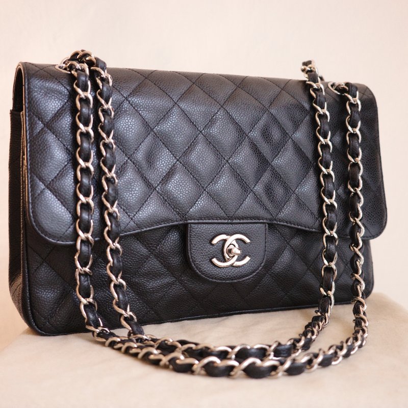 CHANEL 雙C經典口蓋包 CF30 JUMBO 黑銀荔枝皮 雙蓋 購於新光 付防塵袋-0