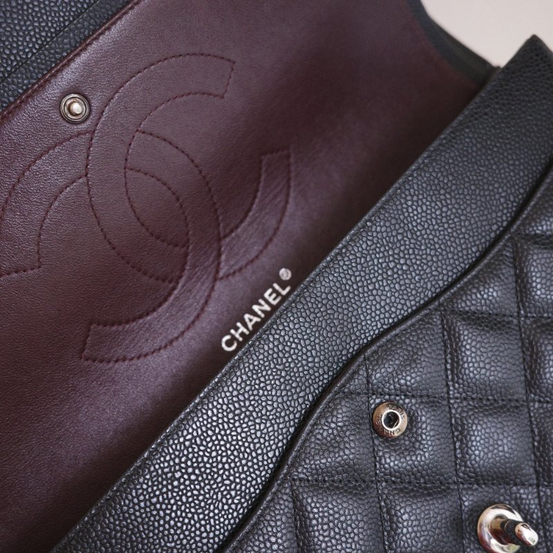 CHANEL 雙C經典口蓋包 CF30 JUMBO 黑銀荔枝皮 雙蓋 購於新光 付防塵袋-2