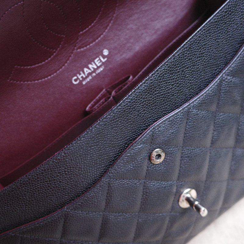 CHANEL 雙C經典口蓋包 CF30 JUMBO 黑銀荔枝皮 雙蓋 購於新光 付防塵袋-12