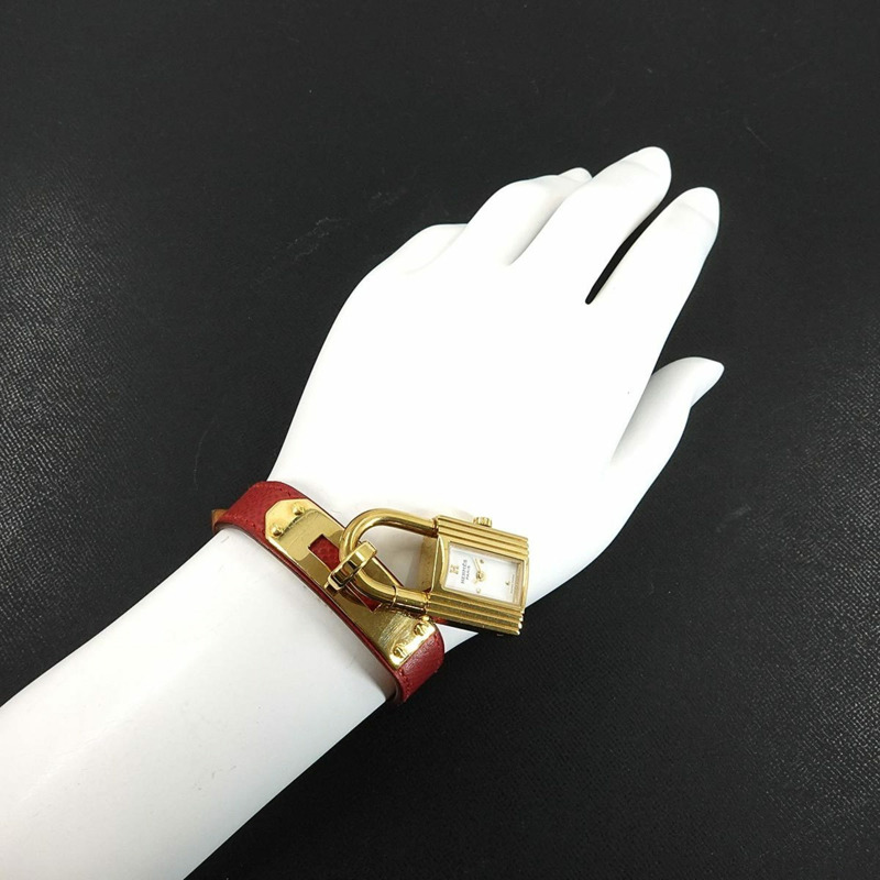 愛馬仕 Kelly 女士腕錶，白色和紅色石英錶盤，帶 Cadena 錶帶-3