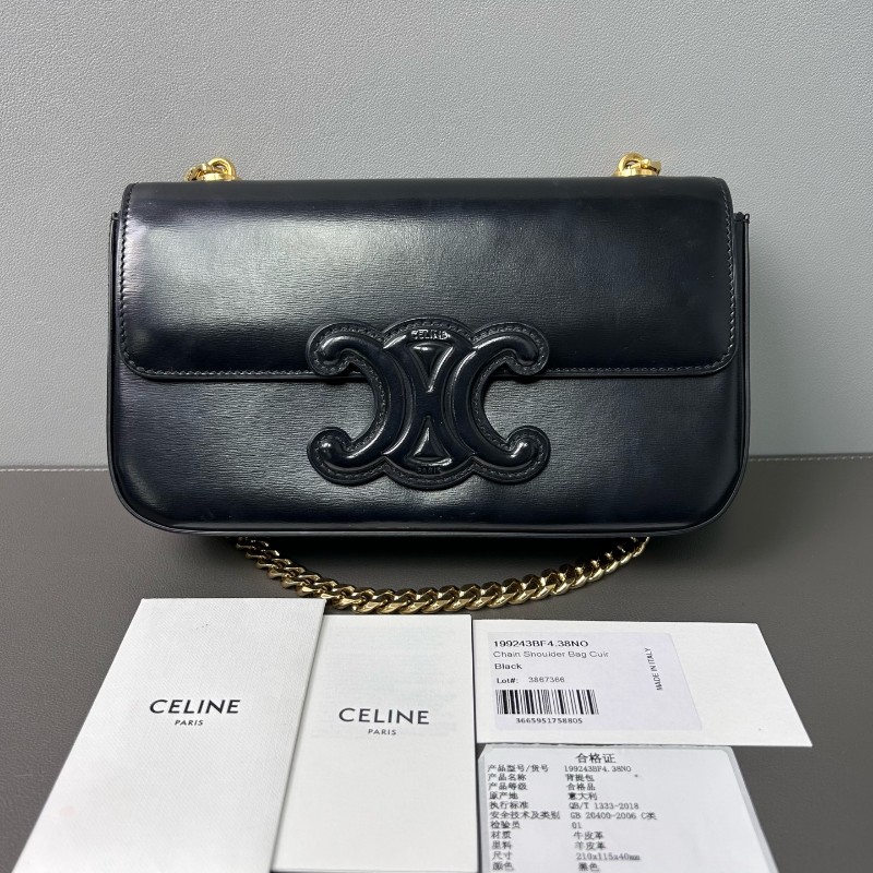 CELINE Triomphe 凱旋門黑色按扣金色金屬鏈條肩帶 亮澤光面牛皮革-0