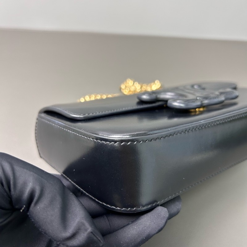 CELINE Triomphe 凱旋門黑色按扣金色金屬鏈條肩帶 亮澤光面牛皮革-5