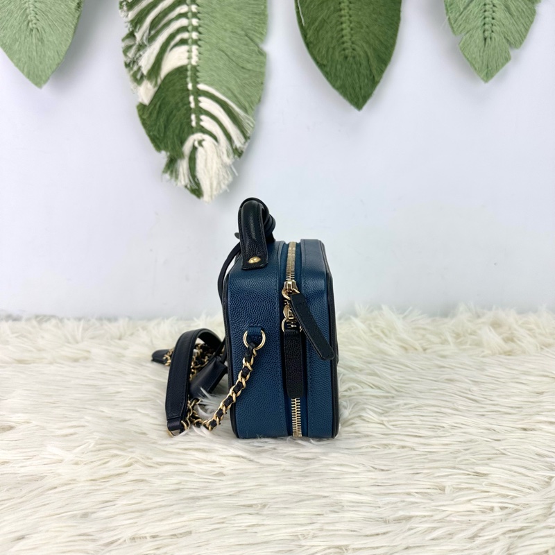 CHANEL Filigree Vanity Case 荔枝皮藍色金扣 Small Size-3