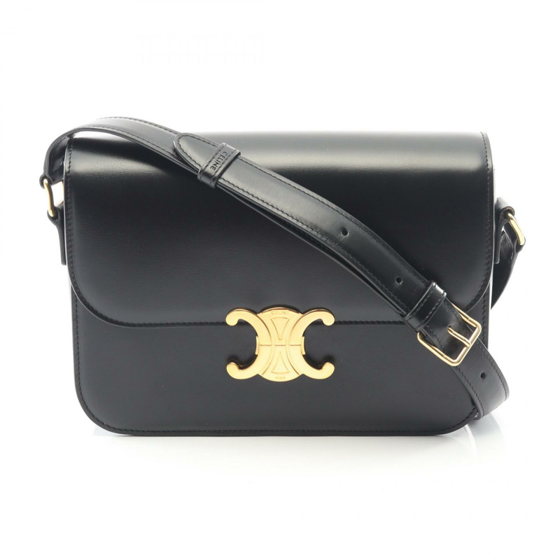 CELINE Classic Triomphe 中型斜背肩背包，黑色皮革，二手女款-0
