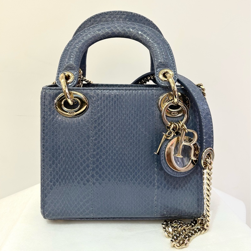 DIOR Lady Dior Mini 水藍色水蛇皮金釦黛妃-3