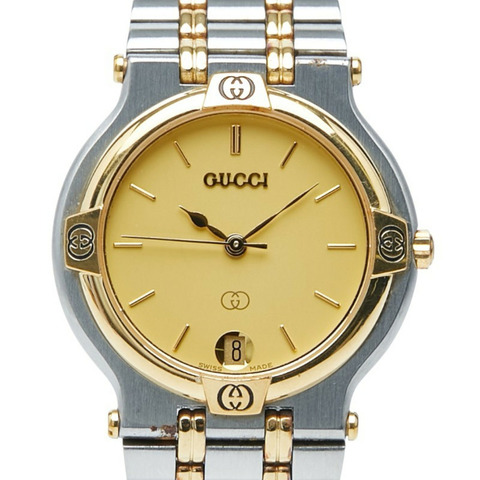 Gucci 男士腕錶，9000米石英機芯，金色錶盤，不鏽鋼鍍層