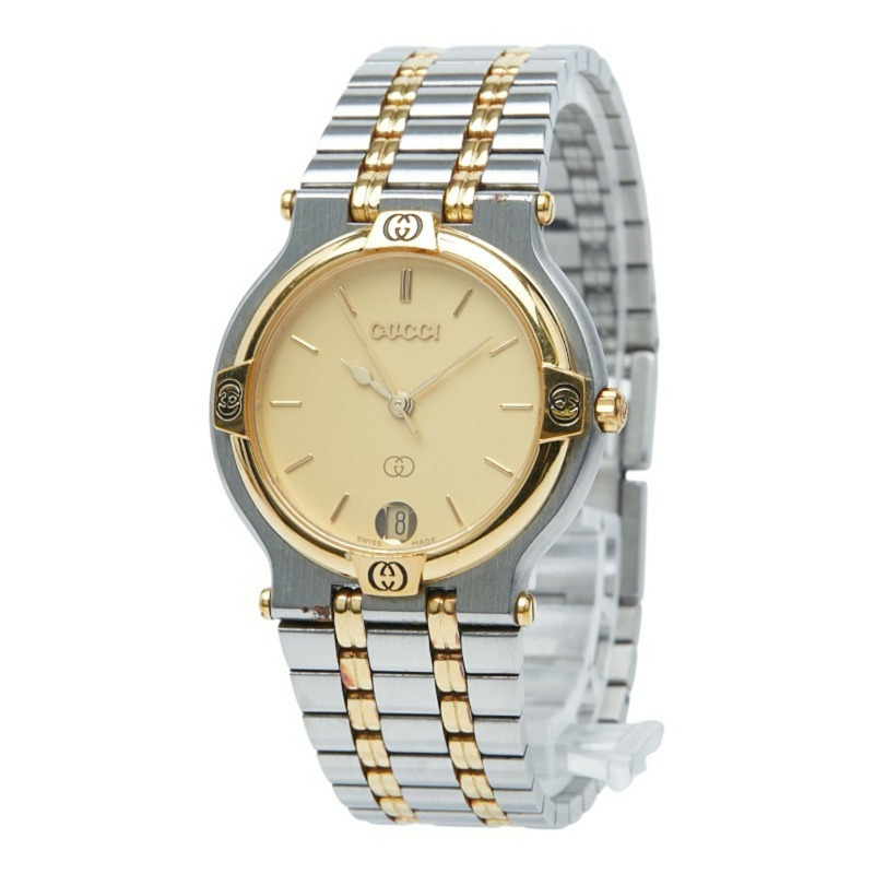 Gucci 男士腕錶，9000米石英機芯，金色錶盤，不鏽鋼鍍層-1
