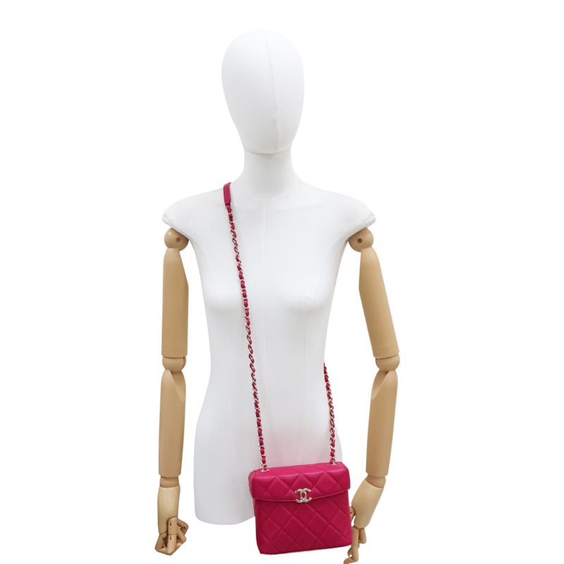 桃紅色 菱格紋 羊皮 鏈帶肩背包【CHANEL 香奈兒】 AS2877-7