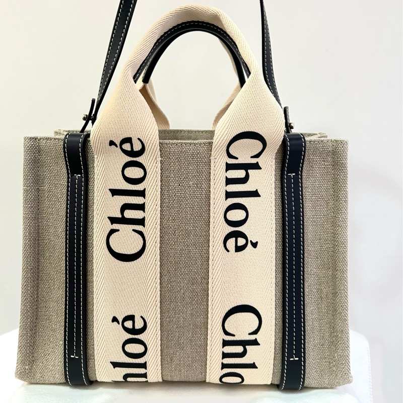 CHLOE深藍皮邊麻布小號二用-1