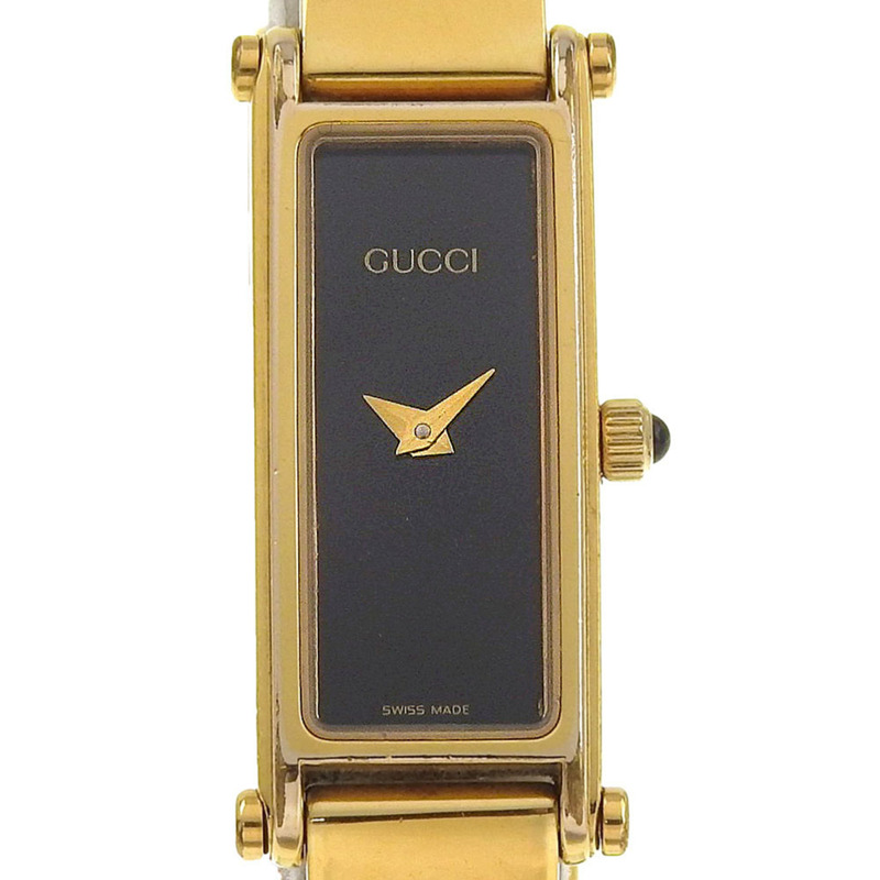 Gucci GUCCI 1500L 鍍金石英模擬顯示女士腕錶，黑色錶盤-0