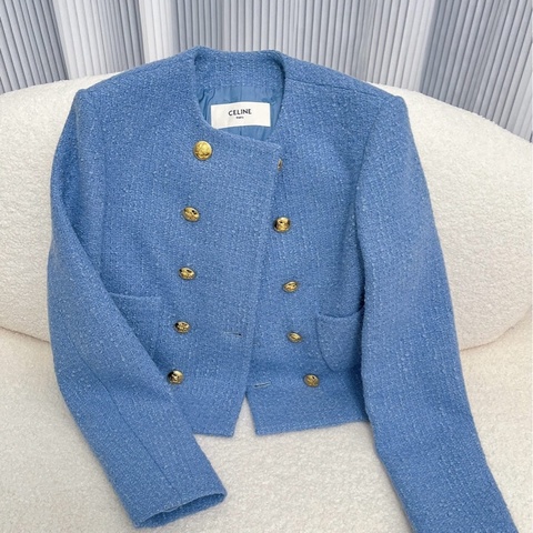 98新Celine/賽琳/WX108611/霧霾藍雙排扣短款外套/34碼