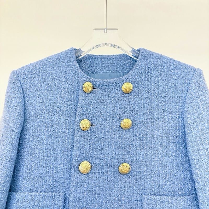 98新Celine/賽琳/WX108611/霧霾藍雙排扣短款外套/34碼-6