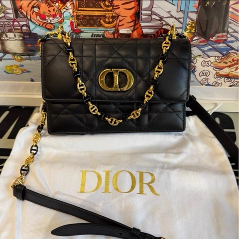 全網最低價 Dior Caro 黑金琺瑯鏈條包 97%新