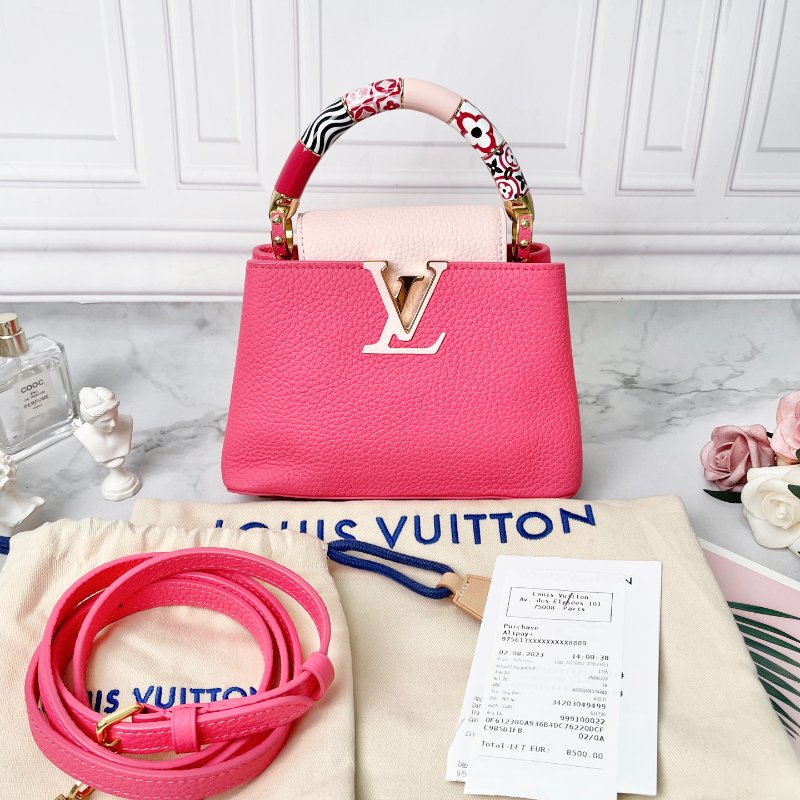 LV 限量款玫粉色capucines mini拼色彩虹陶瓷肩背手提包21×8×14 98新配件塵袋-1