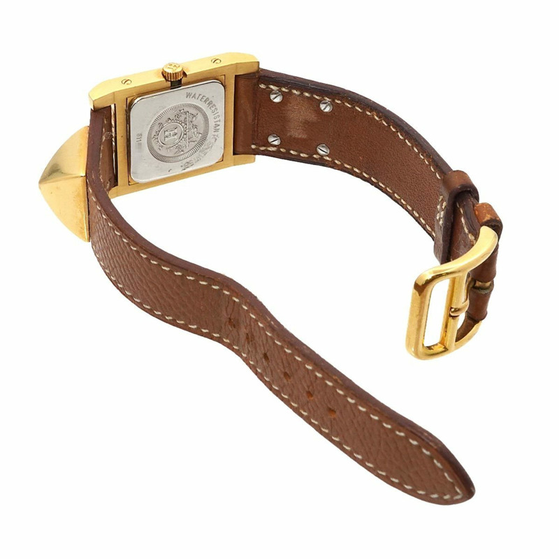 愛馬仕 Medor 女士金字塔金鉚釘腕錶，白色和棕色皮革錶帶，石英機芯-4