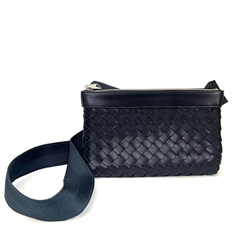 BV 深藍牛皮Intrecciato Duo雙層斜背包