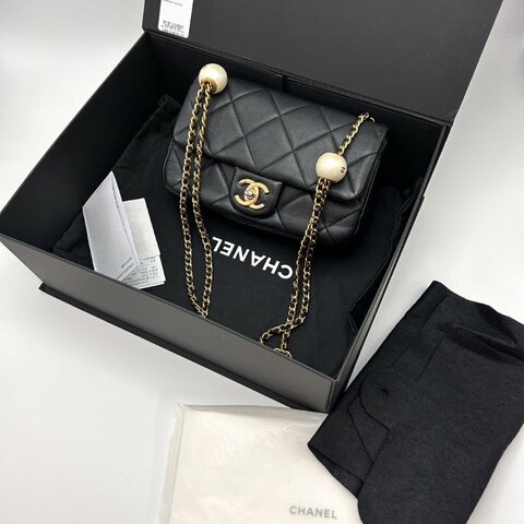 CHANEL 黑金菱格紋雙珍珠大mini肩背斜背包 21*13*6 98新配件盒子塵袋購證