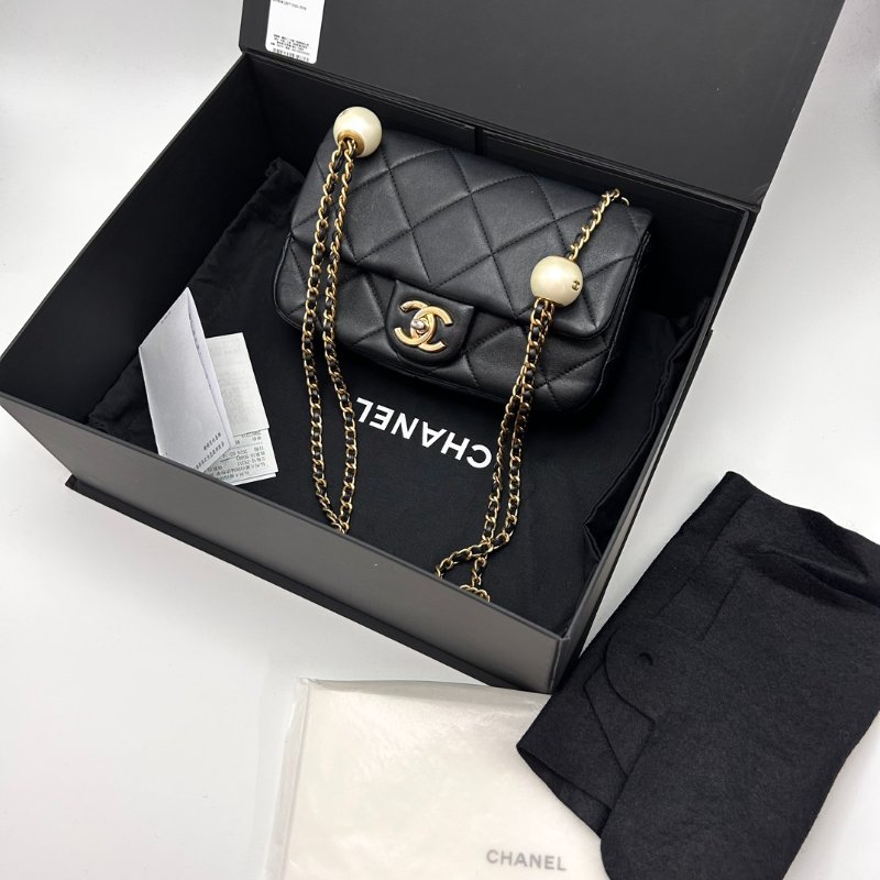 CHANEL 黑金菱格紋雙珍珠大mini肩背斜背包 21*13*6 98新配件盒子塵袋購證-0