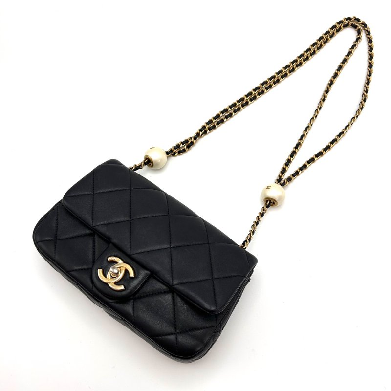 CHANEL 黑金菱格紋雙珍珠大mini肩背斜背包 21*13*6 98新配件盒子塵袋購證-1
