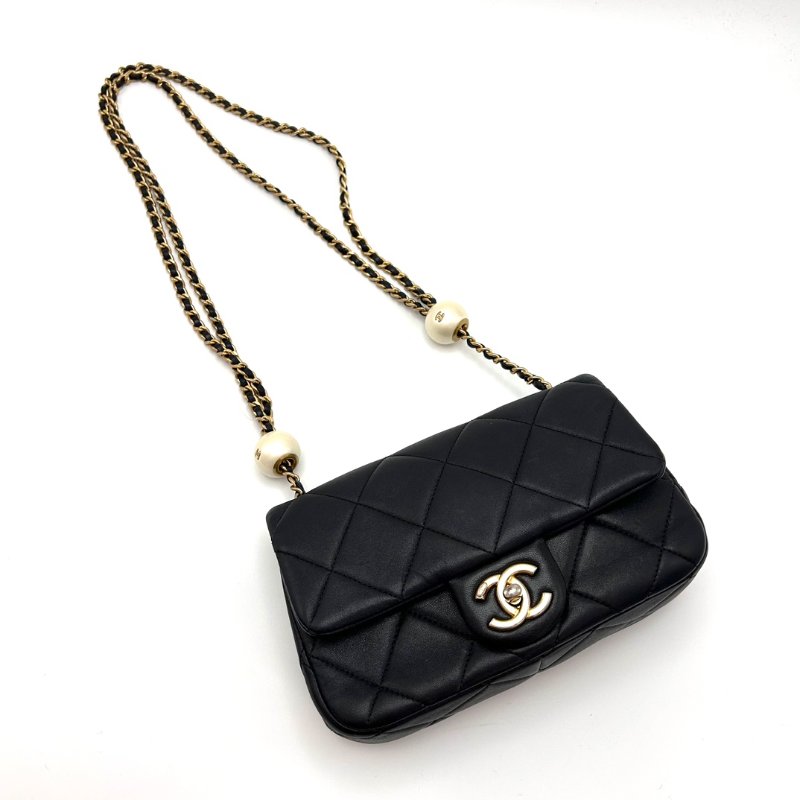 CHANEL 黑金菱格紋雙珍珠大mini肩背斜背包 21*13*6 98新配件盒子塵袋購證-2