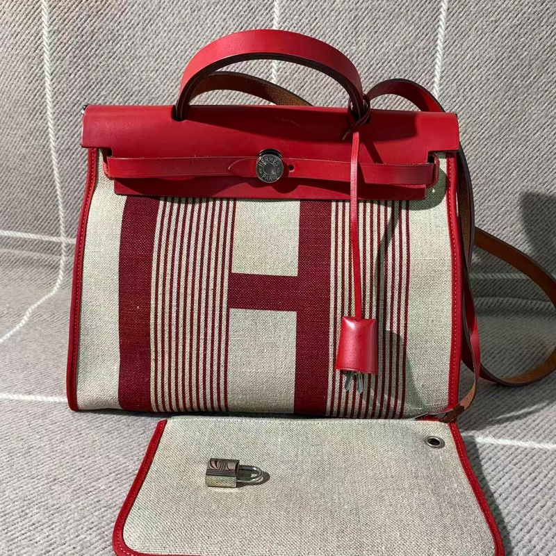 二手Hermes愛馬仕herbal31紅色條紋D刻，皮有輕微發黑磨損邊角有正常使用痕跡-0