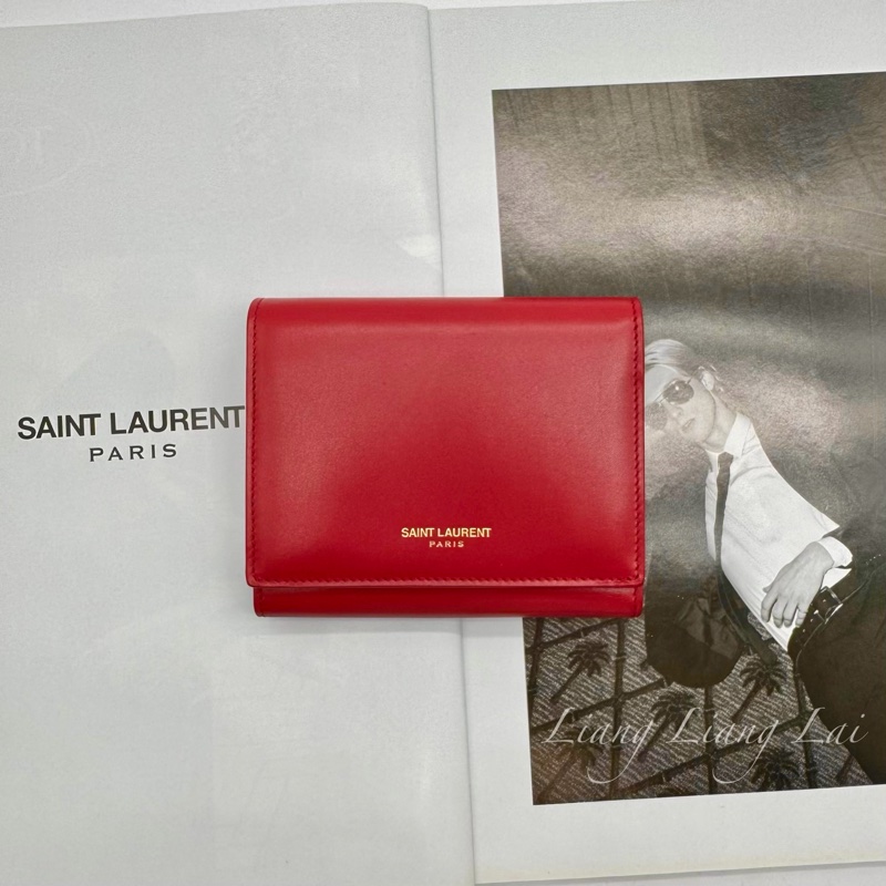 SAINT LAURENT YSL紅色牛皮三折短夾-0
