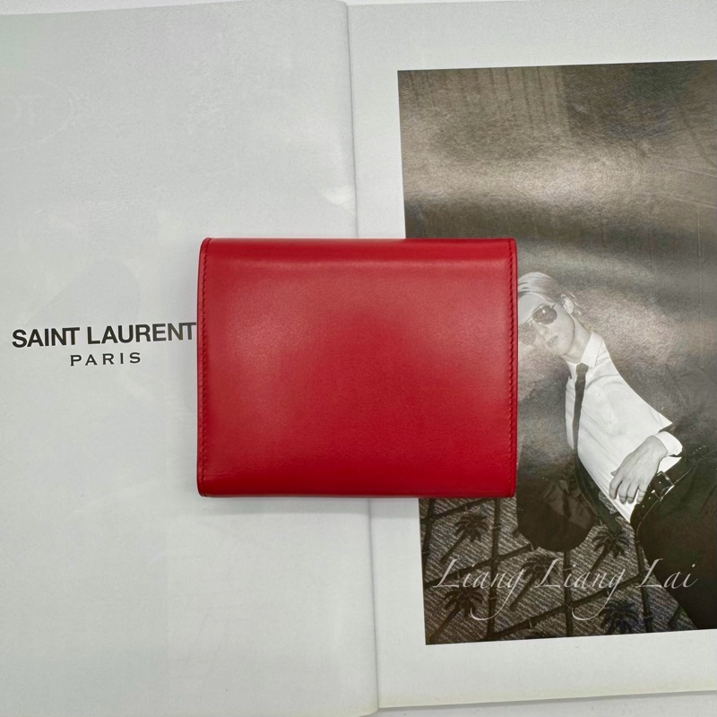 SAINT LAURENT YSL紅色牛皮三折短夾-1