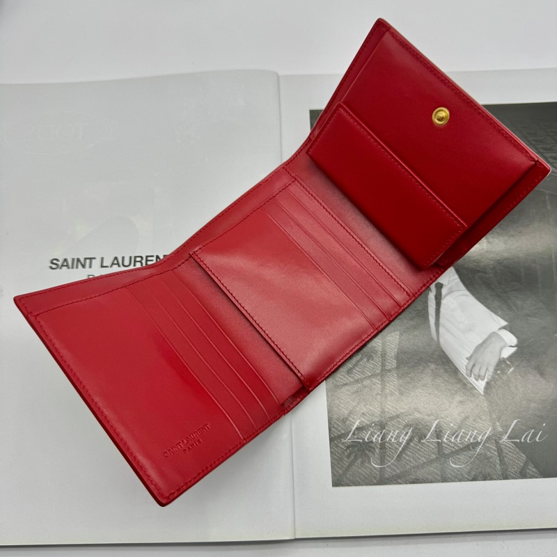 SAINT LAURENT YSL紅色牛皮三折短夾-4