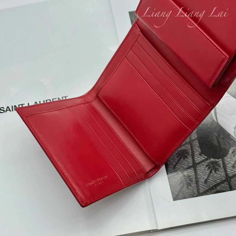 SAINT LAURENT YSL紅色牛皮三折短夾-6